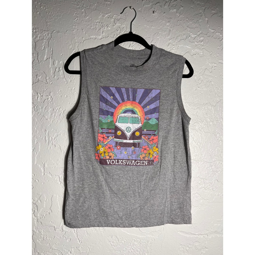 Volkswagen Womens Muscle Tank Top Heather Grey Retro VW Bus Rainbow Graphic M